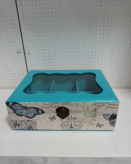 Caja para el té de 6 divisiones color turqueza con tapa de vidrio