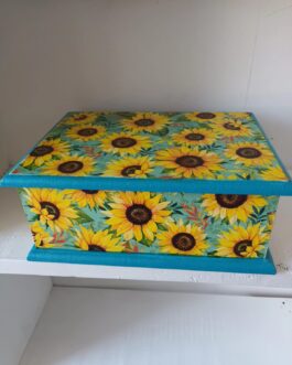 Caja Joyero o para el té de 6 divisiones tapa madera Girasoles color azul turqueza